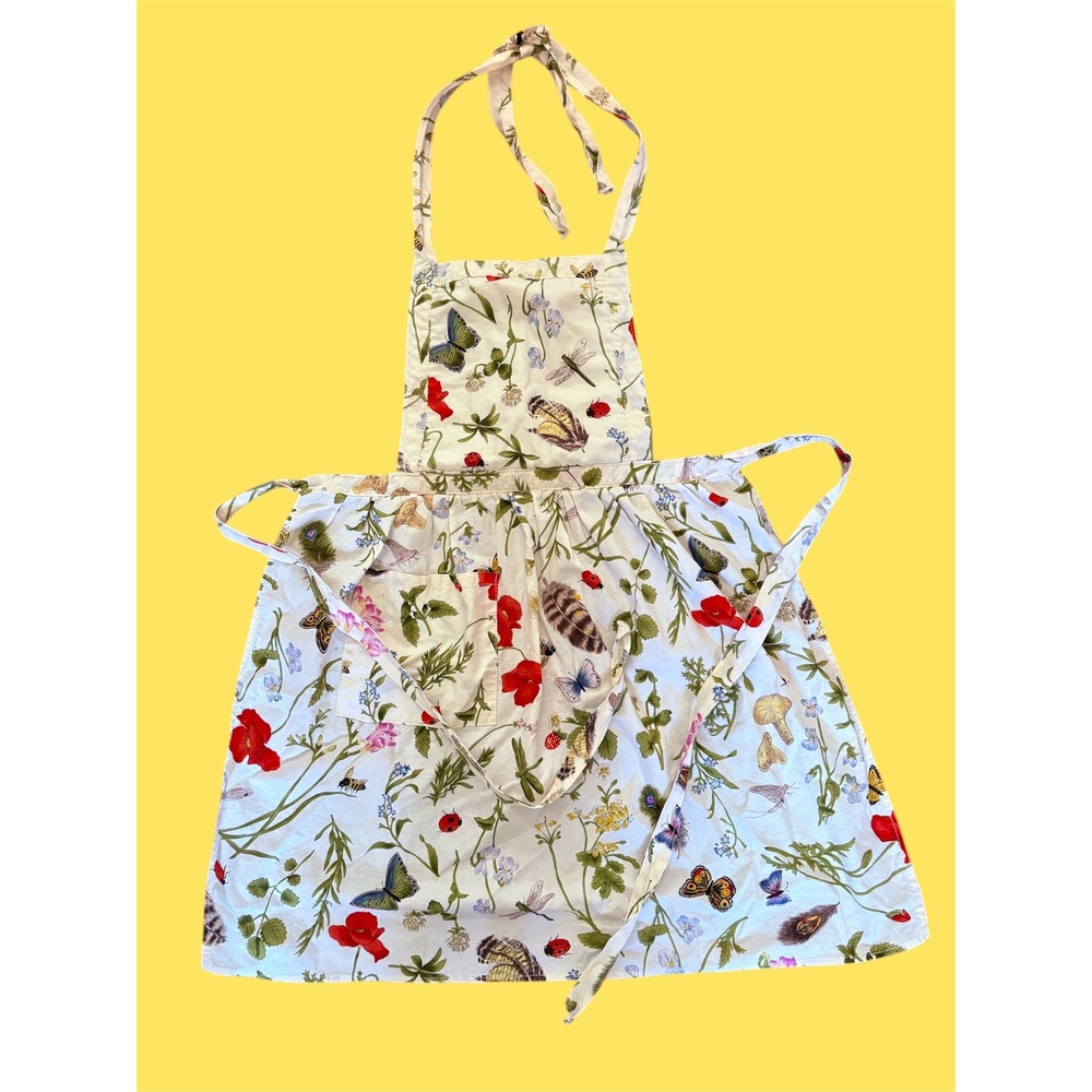 Now Designs Botanical Butterfly Floral Cotton Bib Apron White Multi Made in USA